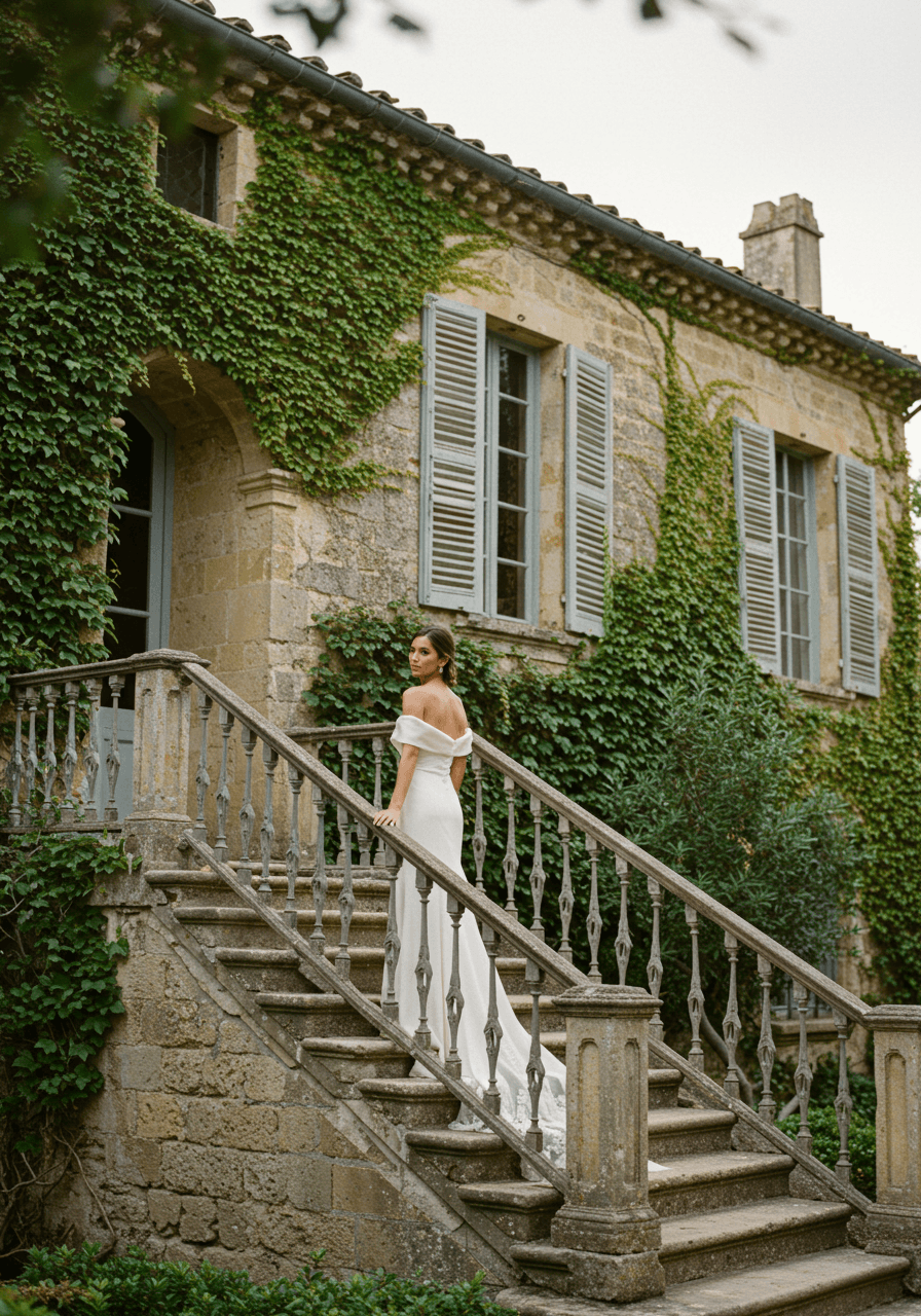 Elegant bride in off-shoulder silk gown on grand stone villa staircase with ivy-covered limestone walls