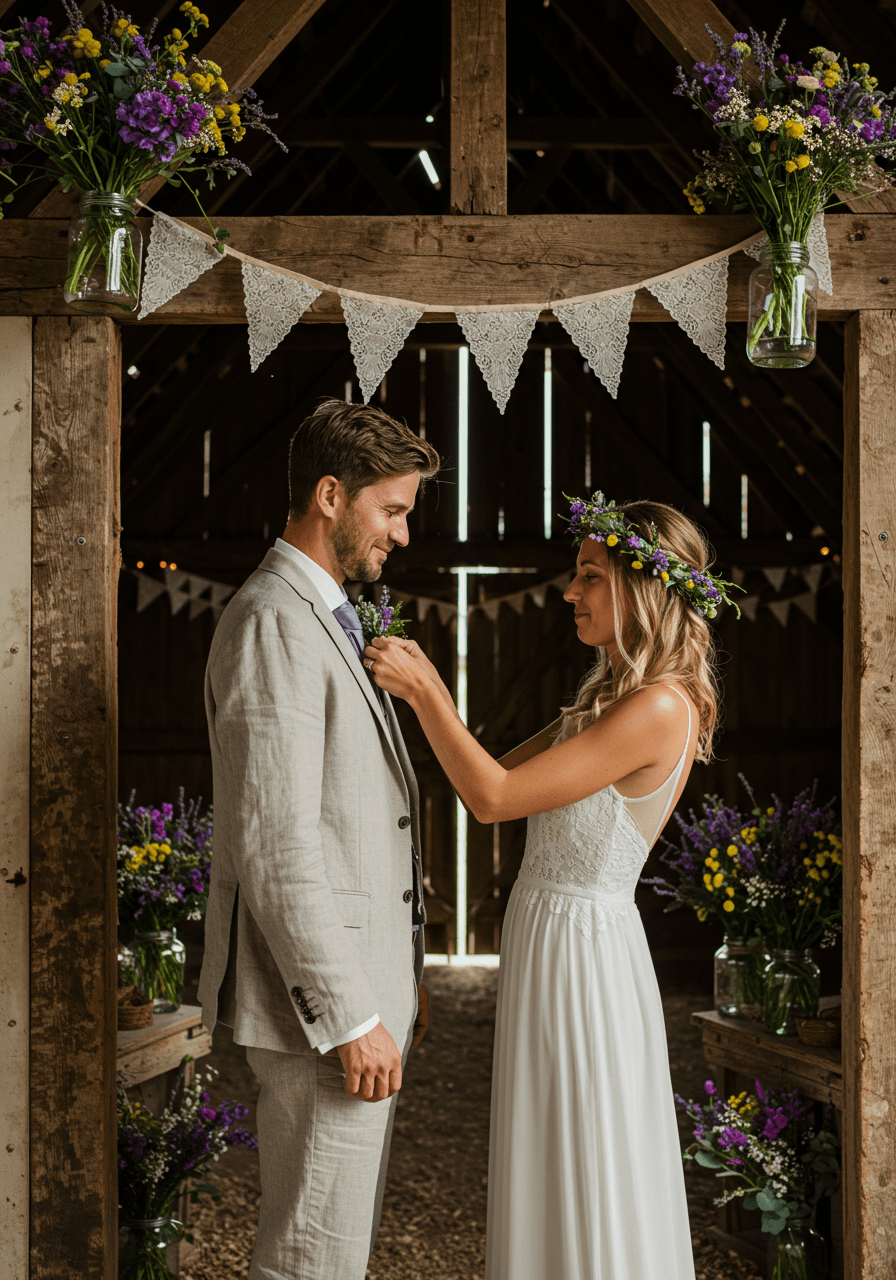 Intimate moment in countryside barn with mason jar lanterns and flowing bohemian wedding dress