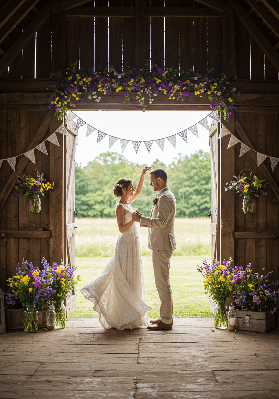 Romantic couple dancing in rustic French barn decorated with wildflowers and vintage lace bunting