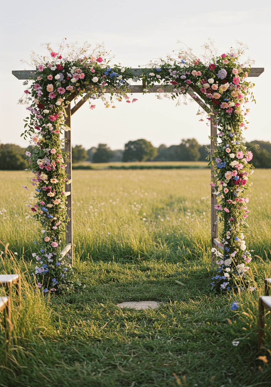 Rustic wooden ceremony arch with cascading wildflower arrangements in French countryside meadow
