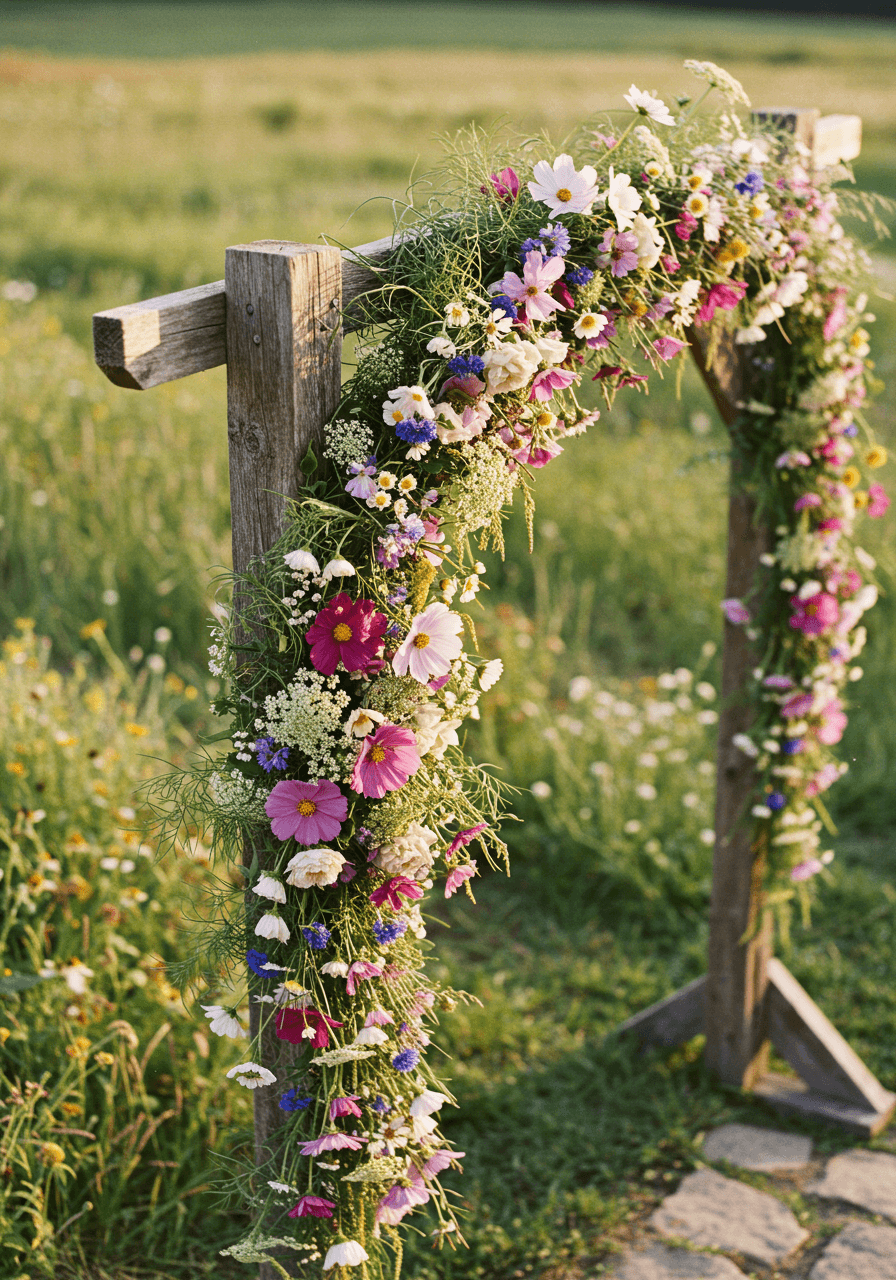 Close-up of natural wildflower arch with cosmos, cornflowers, and Queen Anne's lace in meadow setting
