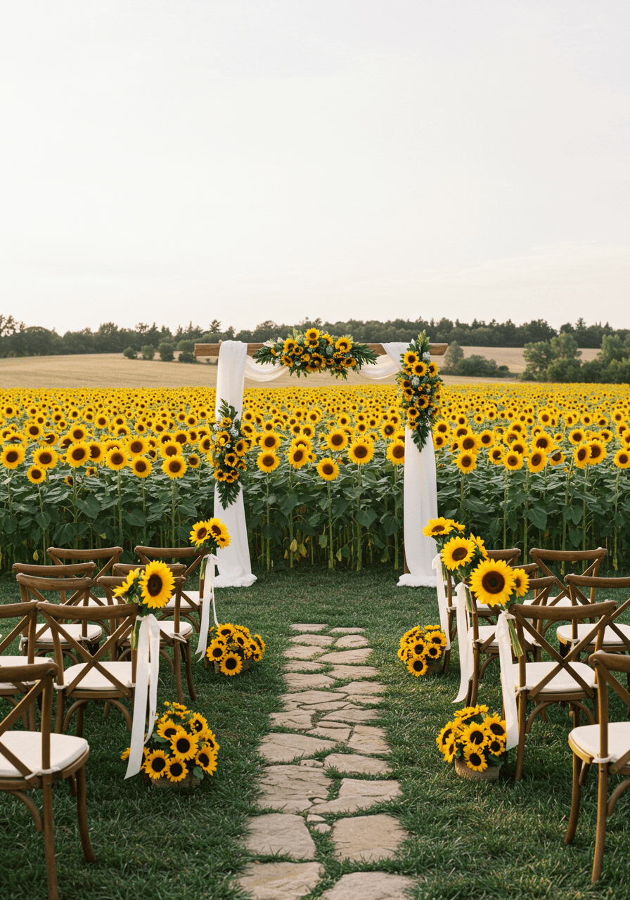 Rustic wooden farm chairs arranged for outdoor wedding ceremony with sunflower arch in Provençal countryside