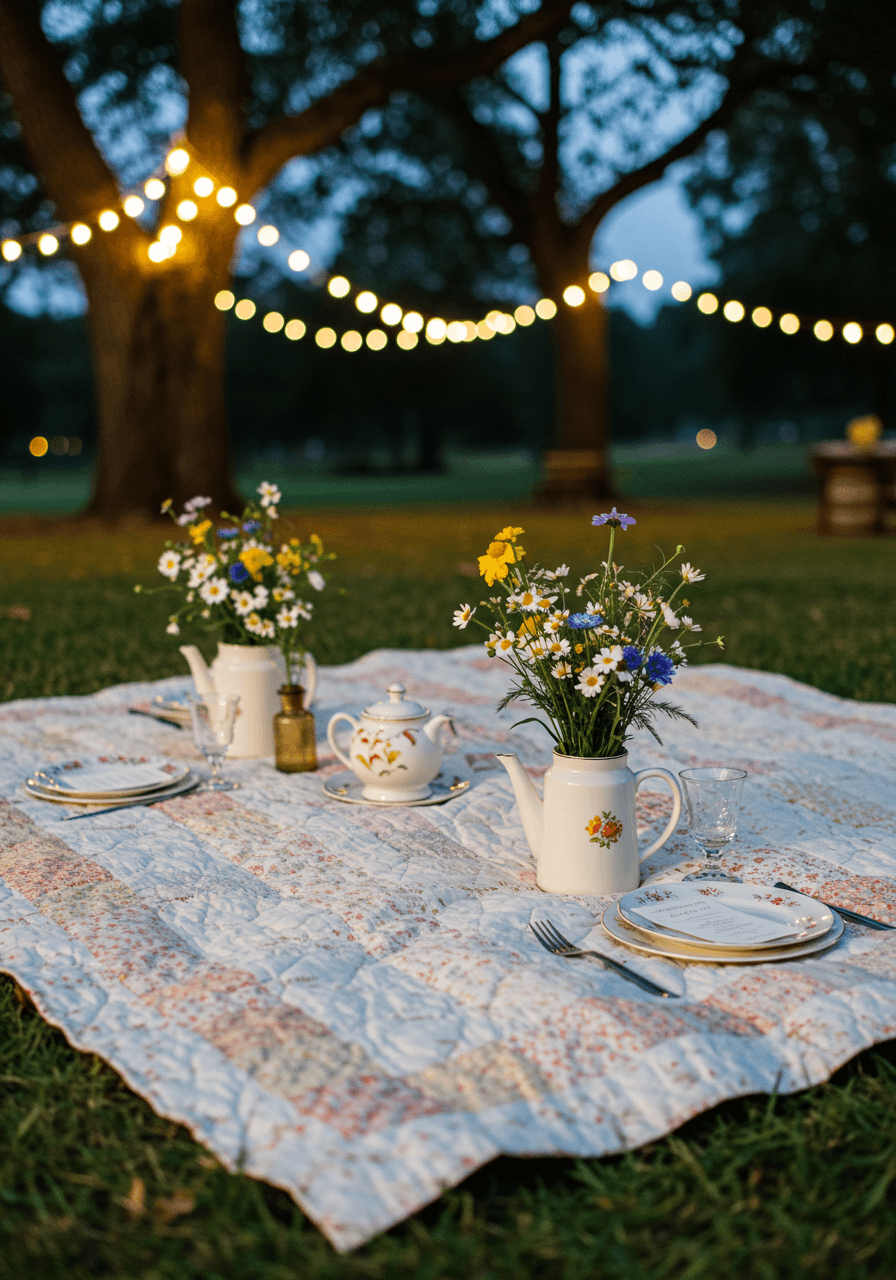 Close-up of vintage quilt picnic setting with antique china and wildflowers in teapots under fairy lights