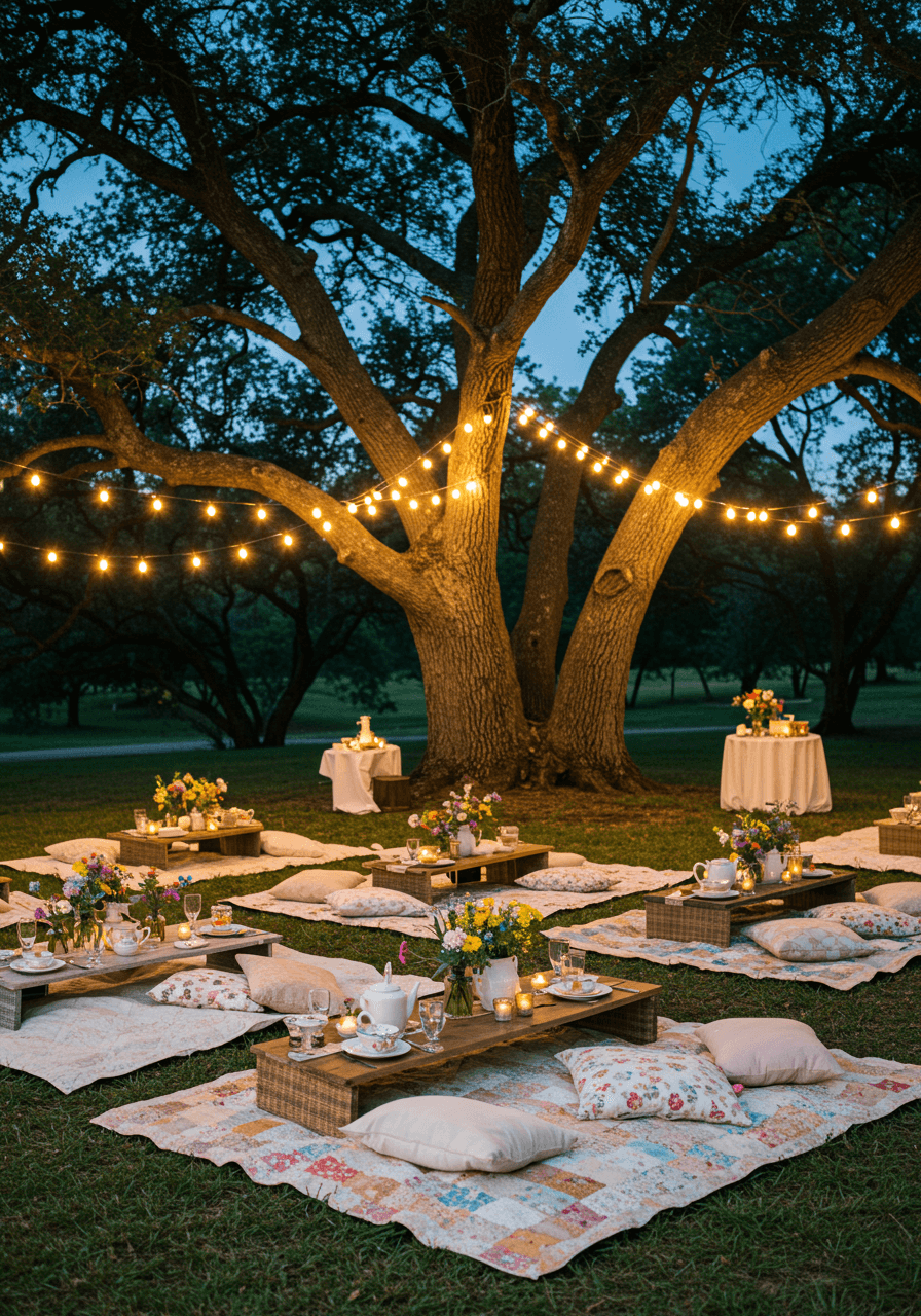 Magical twilight picnic wedding reception with vintage quilts and fairy lights in oak trees