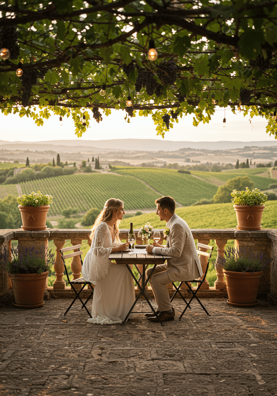 Romantic couple sharing intimate moment at rustic wooden table on vineyard terrace during golden hour