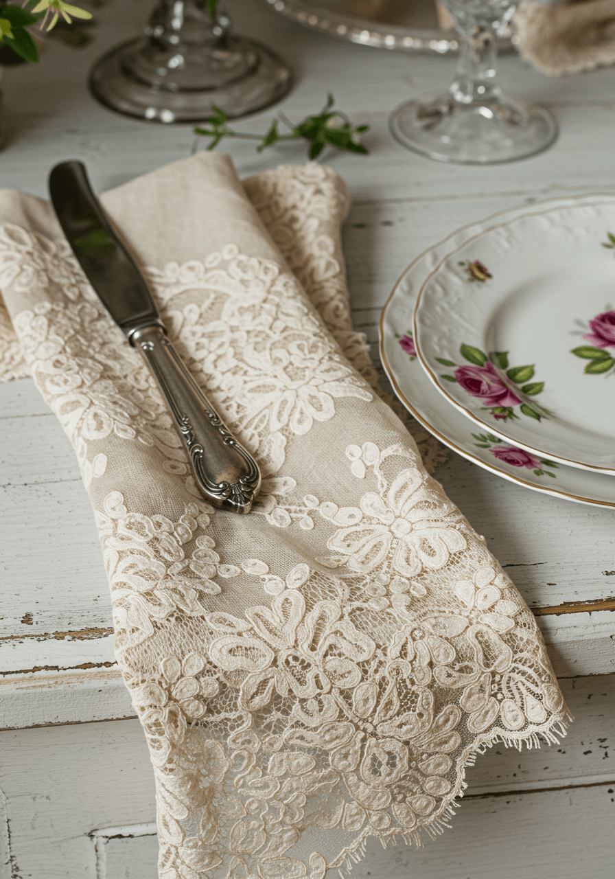 Close-up of vintage French Chantilly lace over linen napkins with hand-painted rose porcelain and antique silver