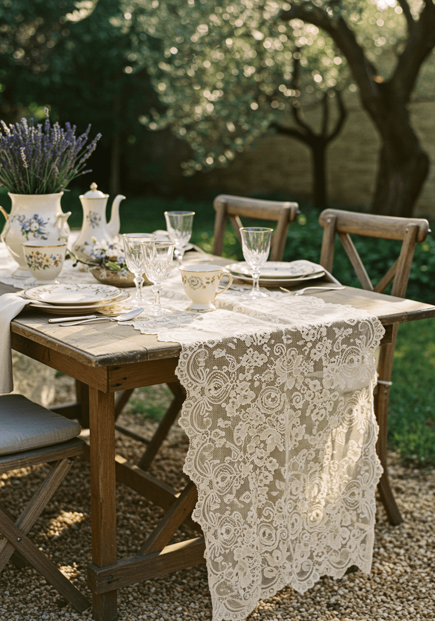 Vintage lace table runner with antique French china and crystal glasses on rustic farmhouse table in Provençal garden