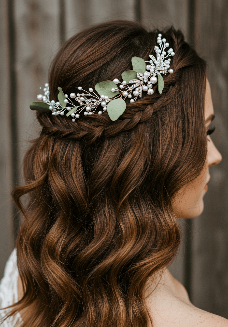 Close-up detail of ornate pearl and crystal headpiece with cascading vintage waves
