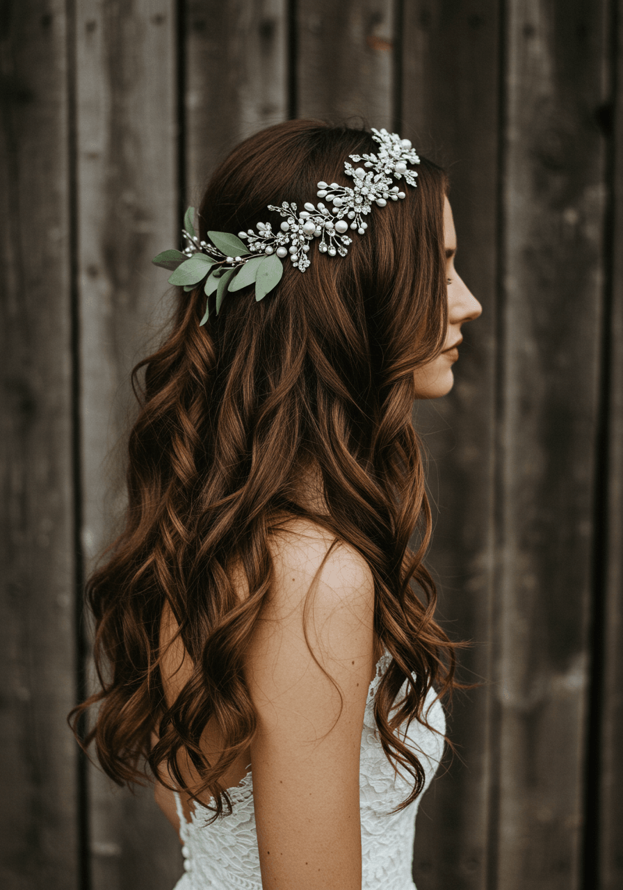 Environmental shot of bride with pearl headpiece against weathered barn wood backdrop
