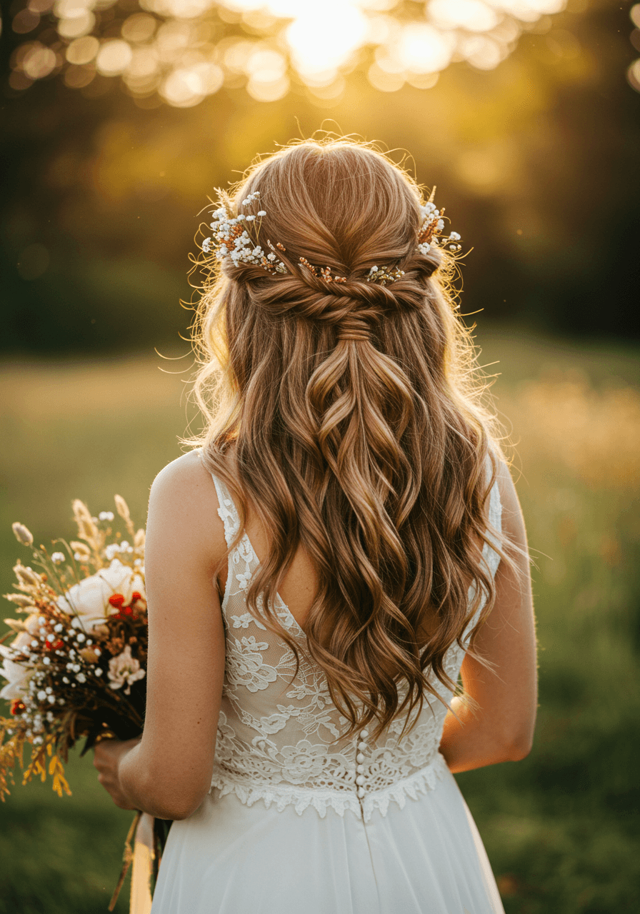 Bride with half-up twisted hairstyle and organic volume in sun-dappled garden meadow