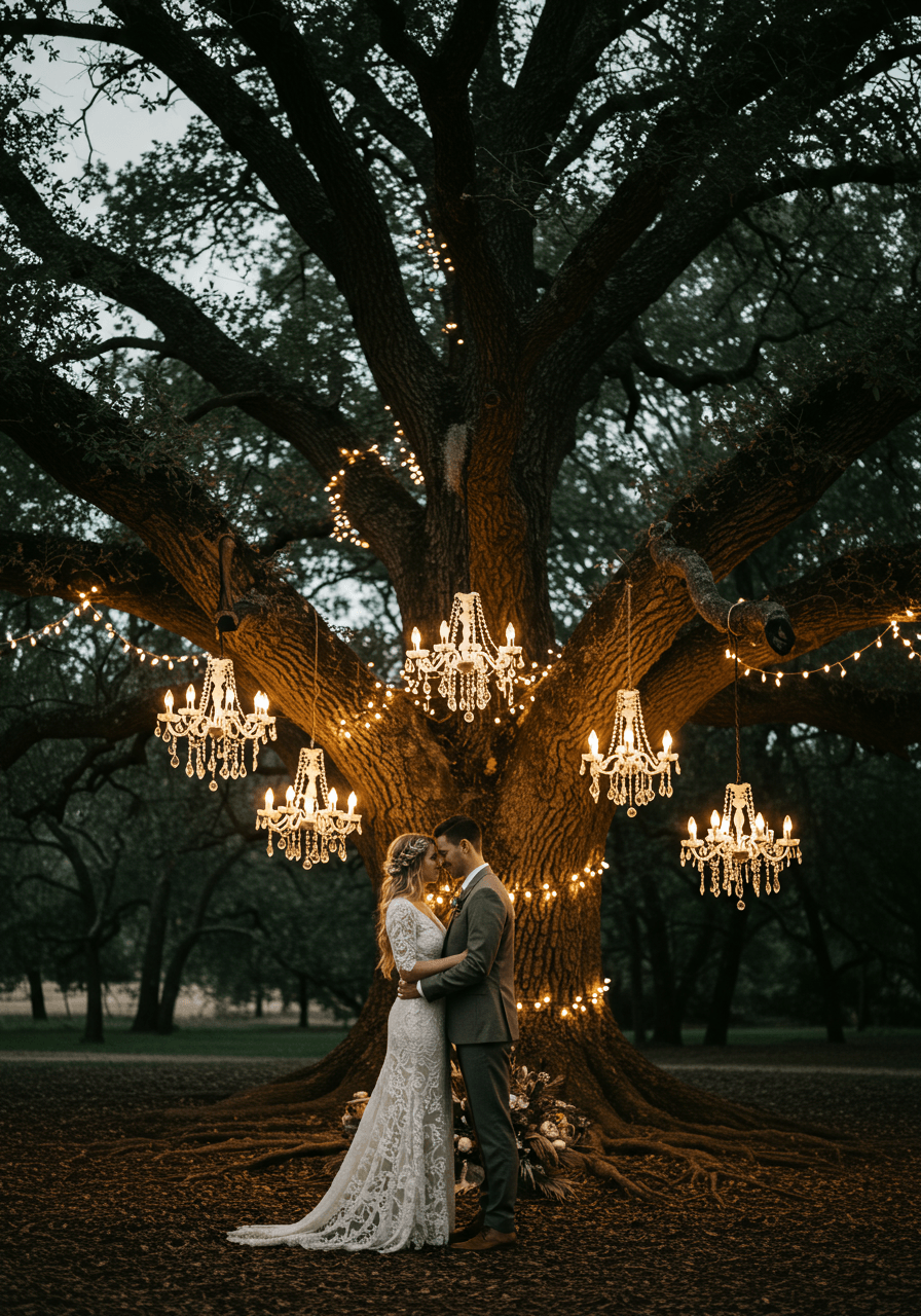 Bohemian couple embracing under ancient oak tree decorated with crystal chandeliers and fairy lights