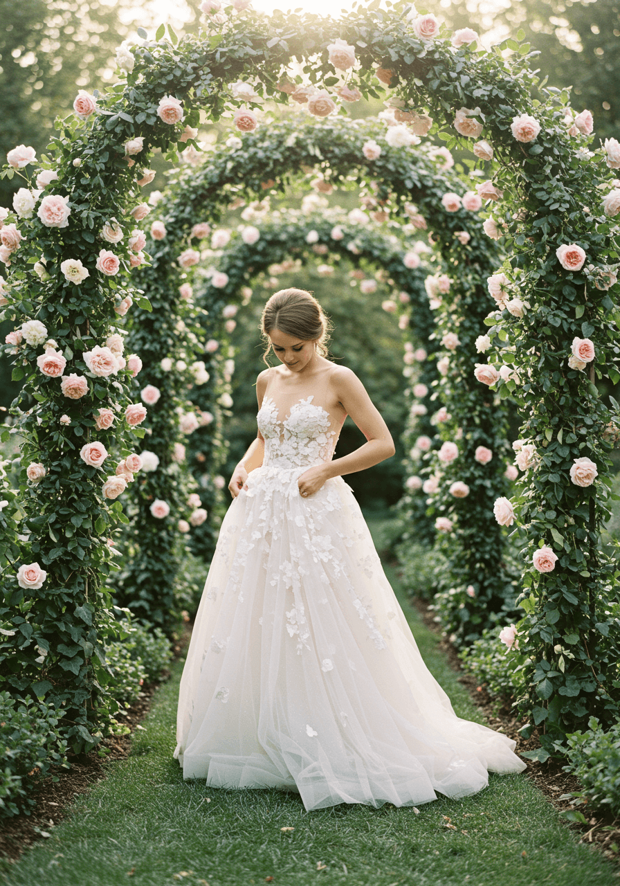 Intimate pause moment of bride under flowering garden archway with natural framing