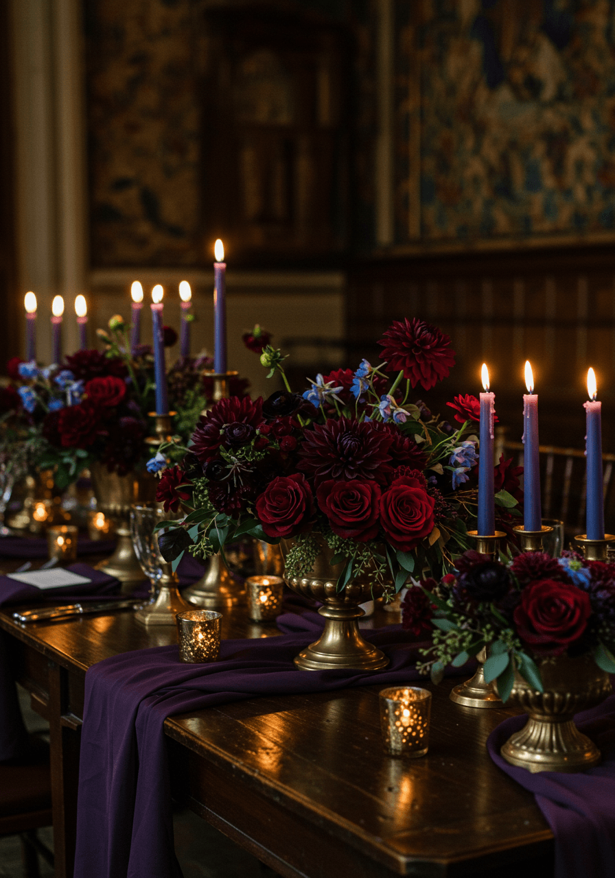 Opulent jewel-toned wedding tablescape with burgundy and blue florals in medieval-style hall