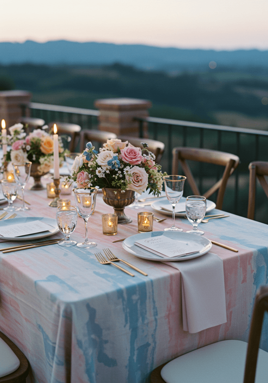 Watercolour-inspired wedding tablescape on terrace overlooking hills during twilight blue hour