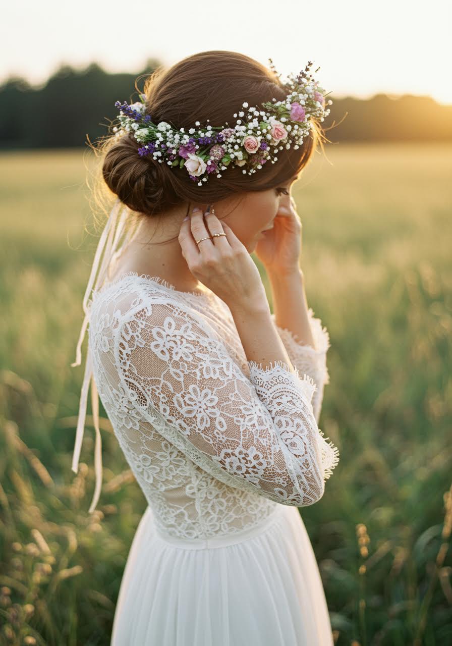 Bride adjusting wildflower crown with lavender, baby's breath and roses in her hair during golden hour in meadow