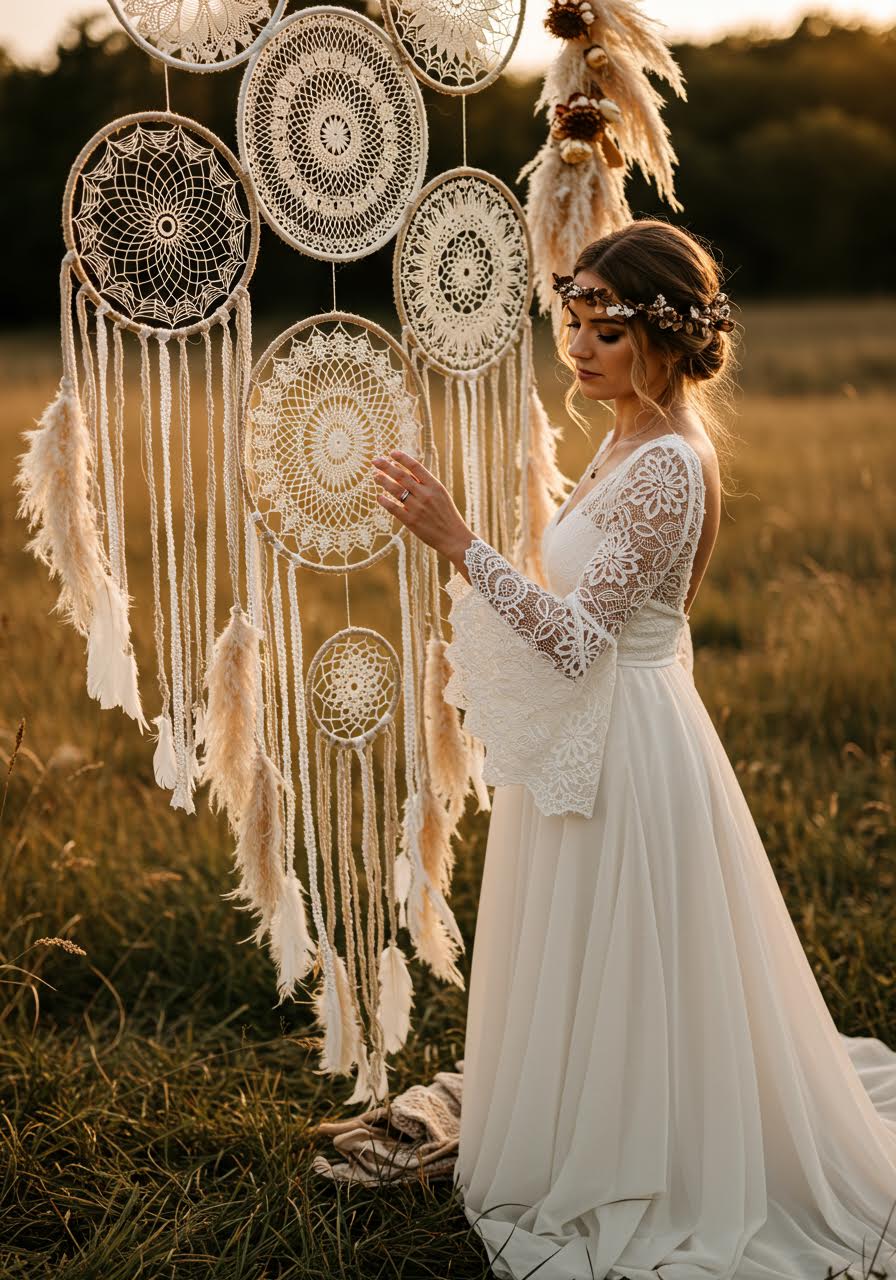 Close-up detail of bride touching intricate dreamcatcher backdrop with flowing feathers during late afternoon light