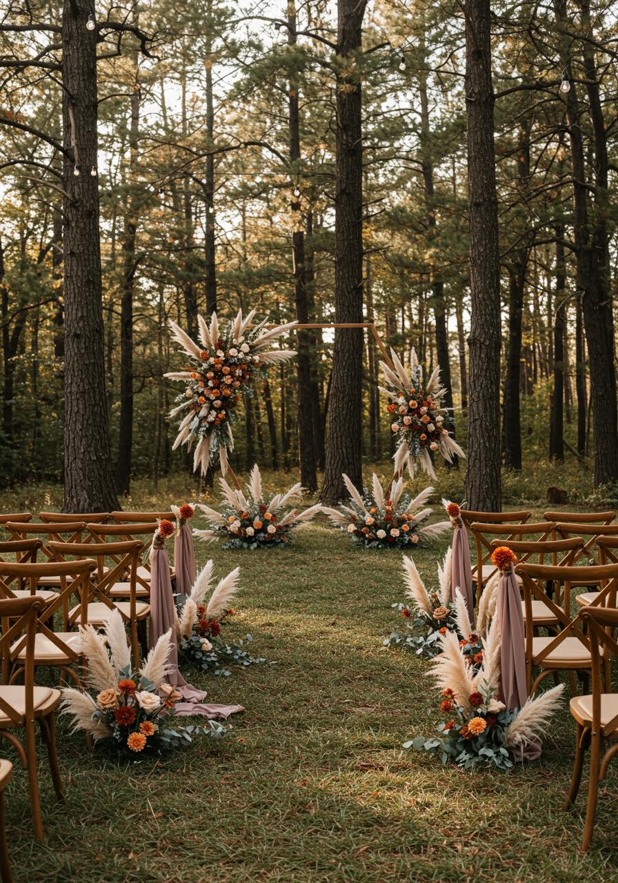 Wedding ceremony setup with wooden cross-back chairs and bohemian arch decorated with dried florals in forest clearing