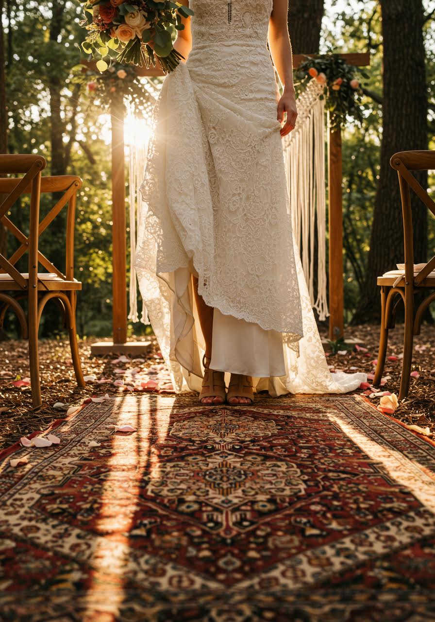 Bride pausing gracefully on ornate Persian rug aisle runner with macramé backdrop in forest wedding setting