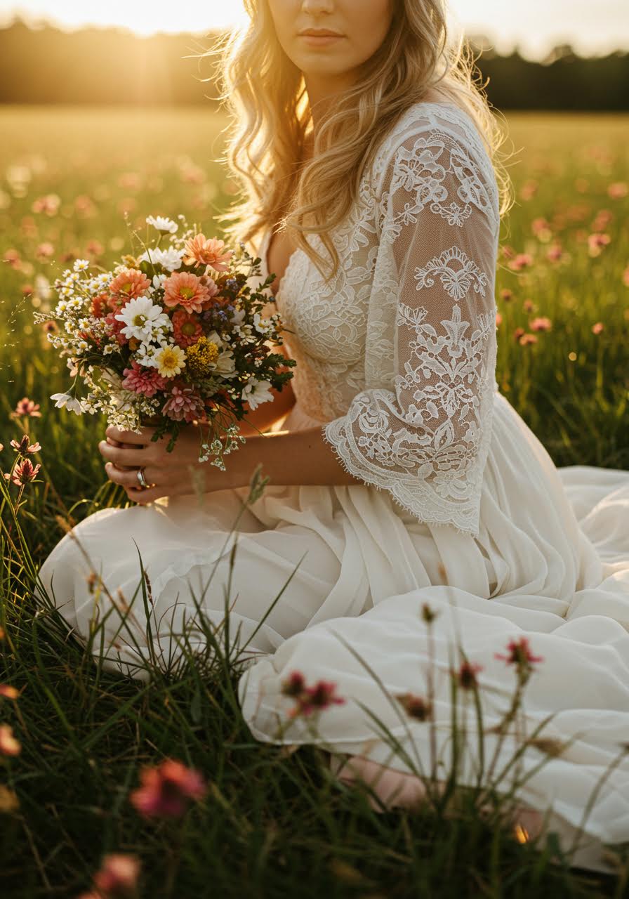 Bohemian bride kneeling in flowing ivory chiffon wedding dress surrounded by wildflowers in meadow during golden hour