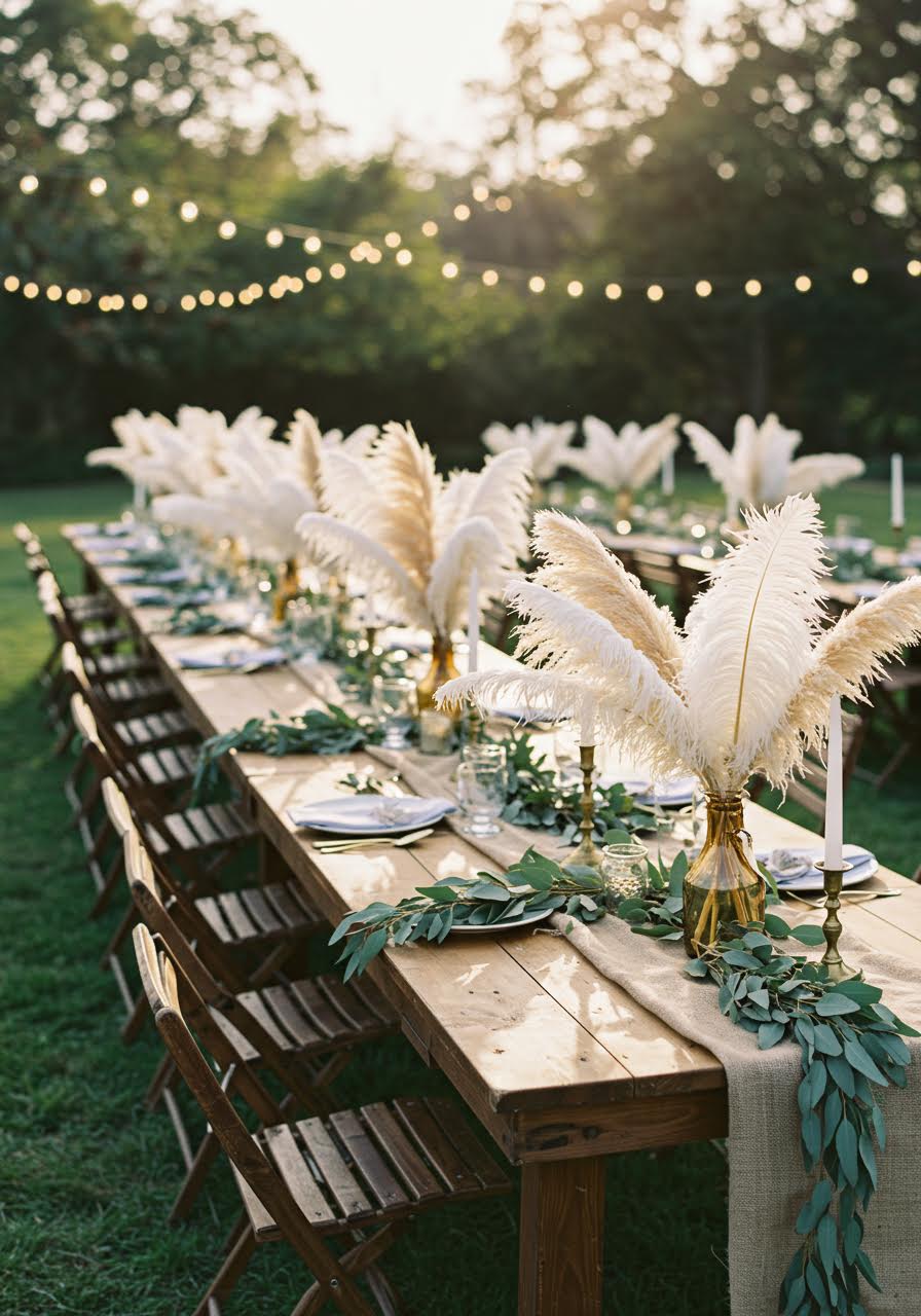 Long wooden farm table with multiple feather centrepieces and eucalyptus garlands in outdoor garden setting