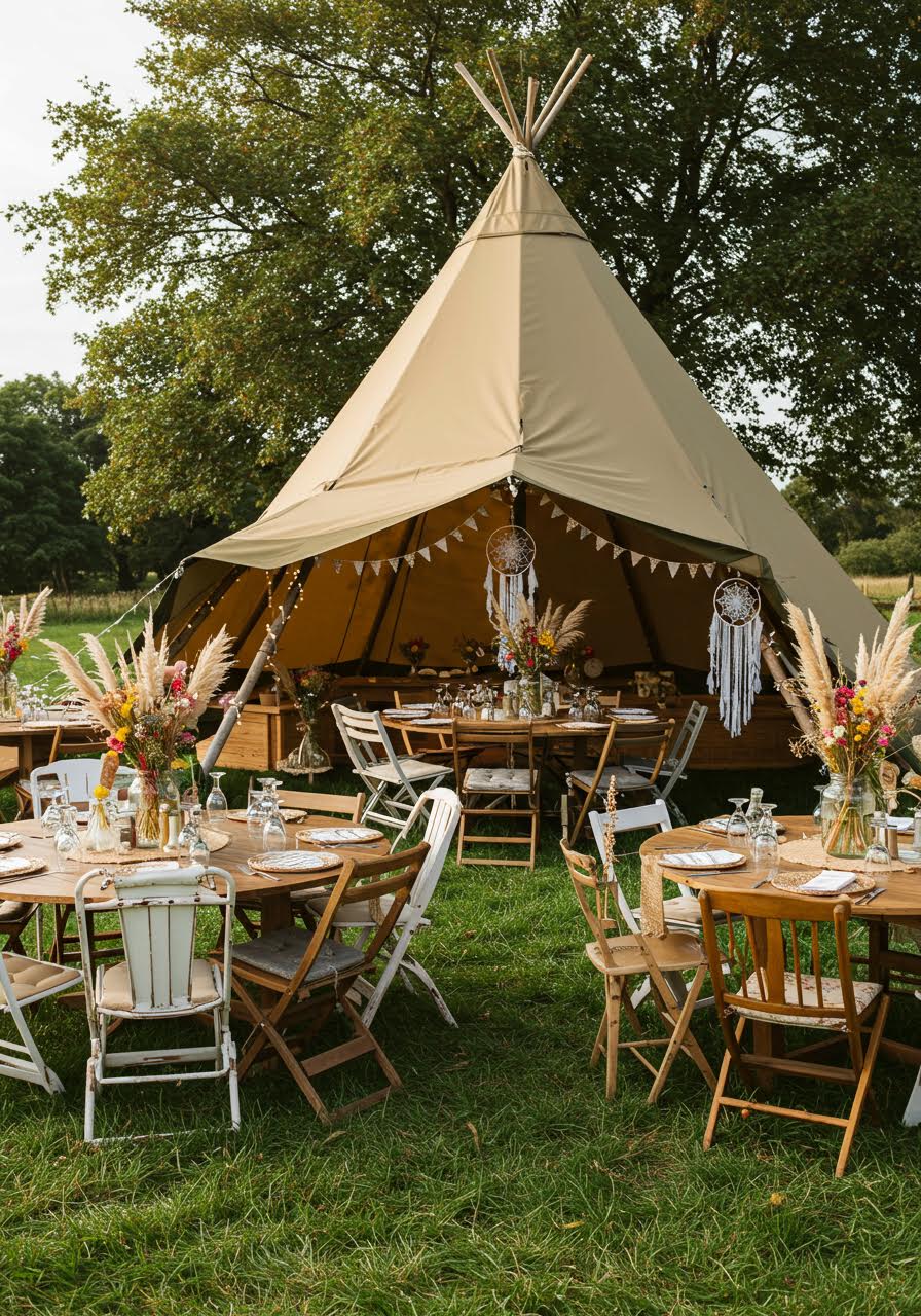 Tipi tent reception with round wooden tables and mismatched vintage chairs on grassy meadow during late afternoon