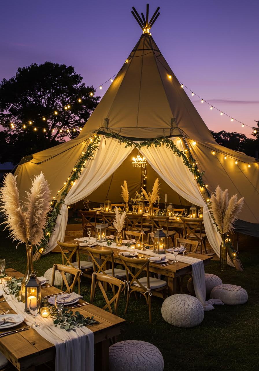 Beautifully decorated tipi tent with white fabric draping and string lights for bohemian wedding reception at twilight