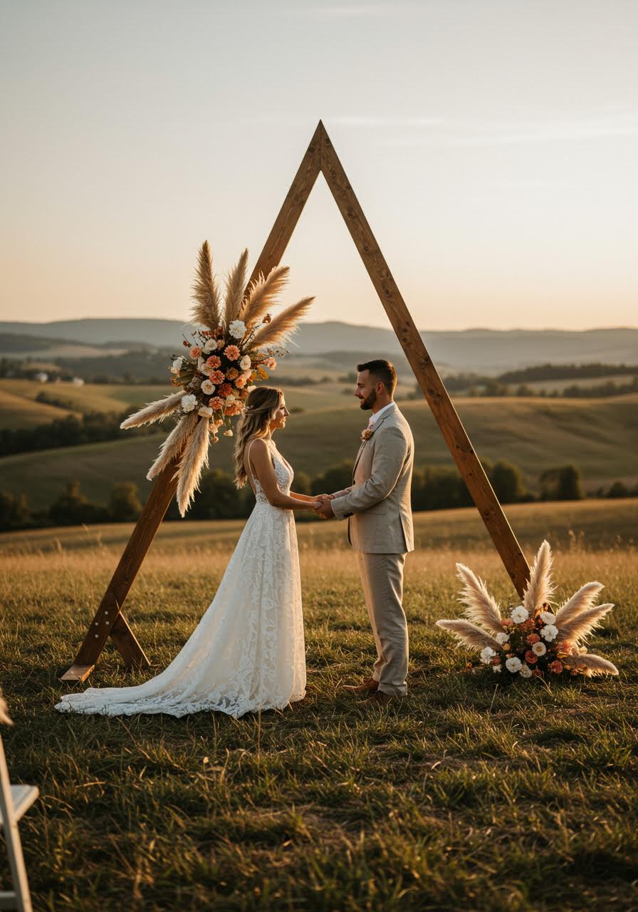 Bride and groom exchanging vows beneath triangular wooden arch decorated with pampas grass in meadow at sunset