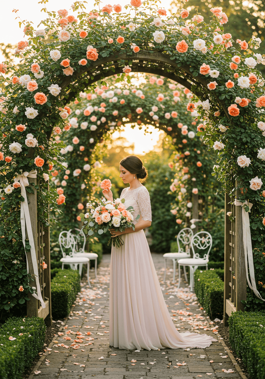 Bride pausing beneath cascading David Austin roses in manicured English garden setting