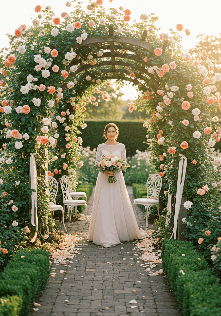 Bride in blush pink gown walking through rose-covered archway in English garden during golden hour
