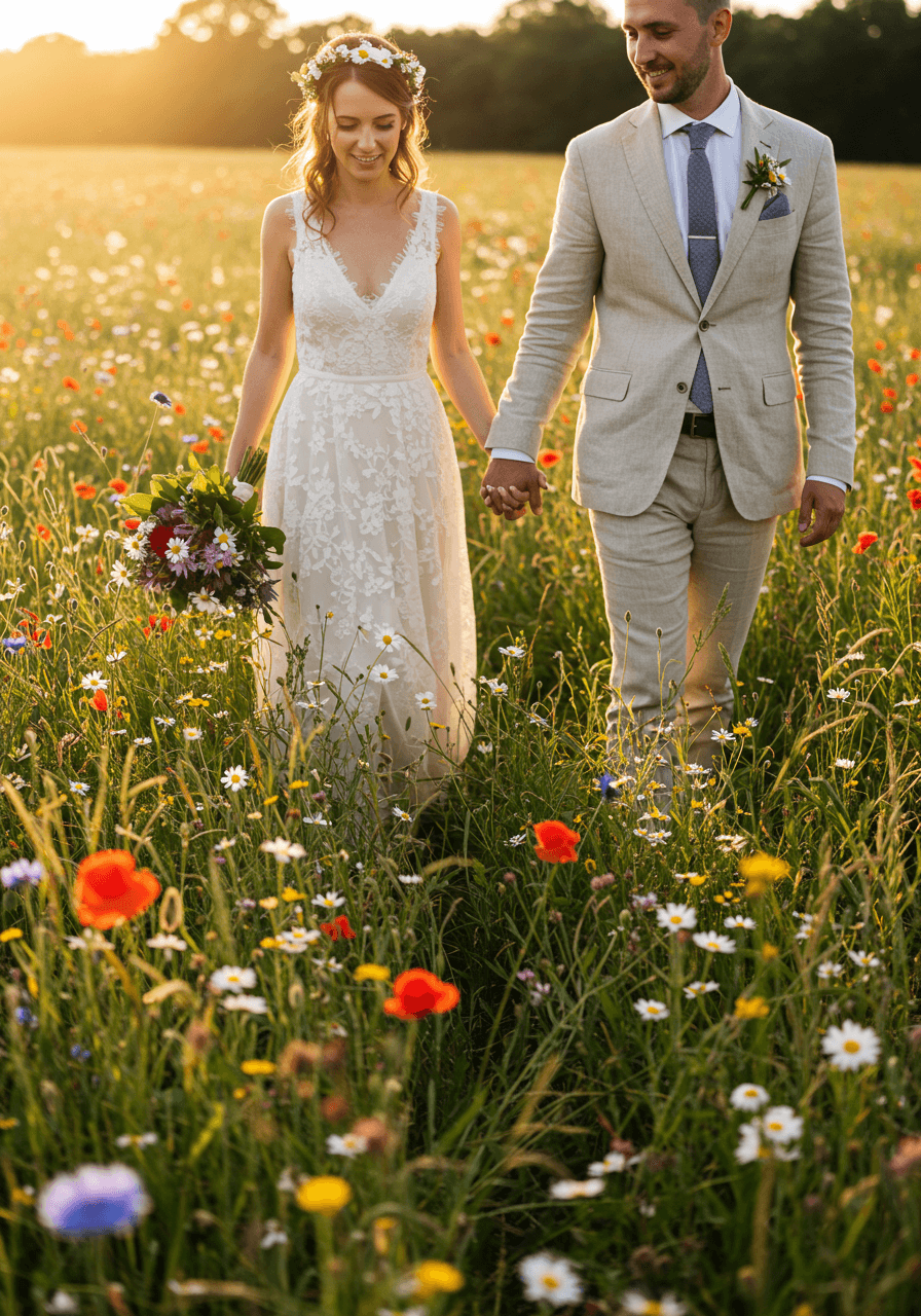 Bohemian bride and groom in natural wildflower meadow at golden hour