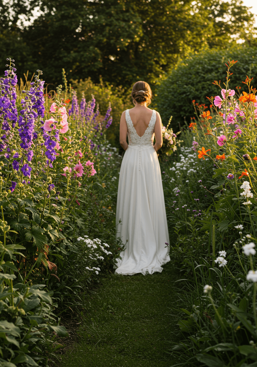 Bride walking through herbaceous border pathway with purple delphiniums and pink hollyhocks