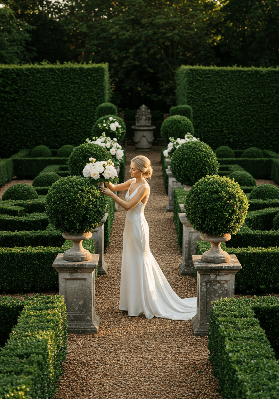 Sculptural boxwood topiaries in English garden courtyard with manicured landscaping