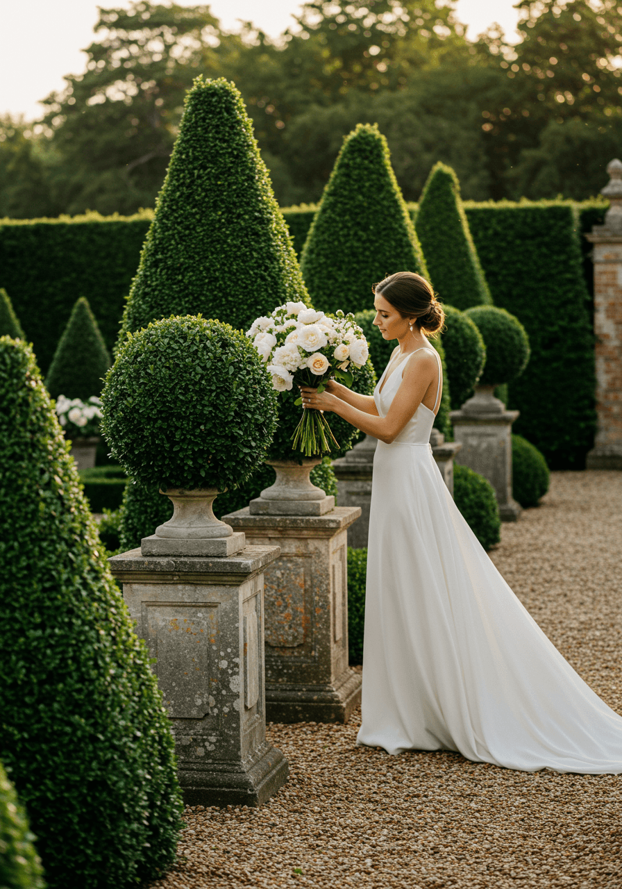 Bride arranging white peonies in geometric boxwood topiaries during golden hour