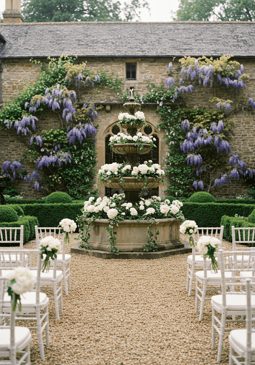 Wedding ceremony setup with chairs facing decorated stone fountain
