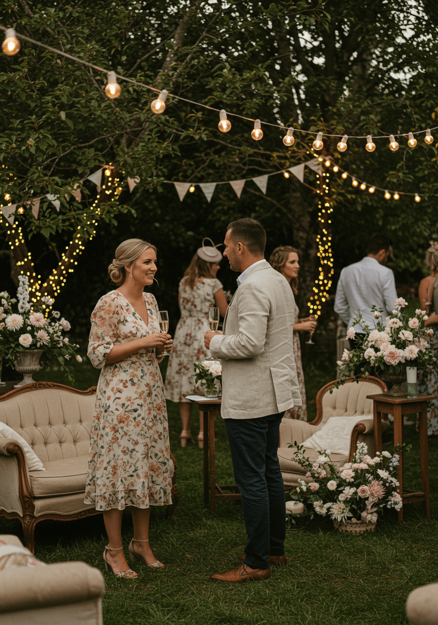 Wedding guests in summer dresses mingling at garden party reception with string lights