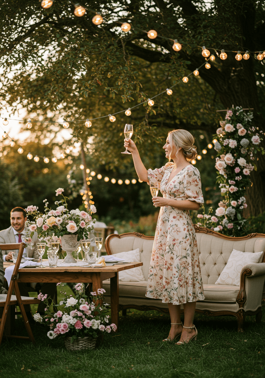 Champagne toast celebration at English countryside garden wedding reception