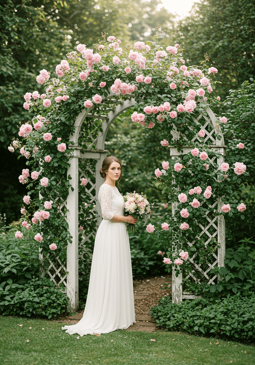 Bride beside white wooden trellis covered in cascading pink climbing roses