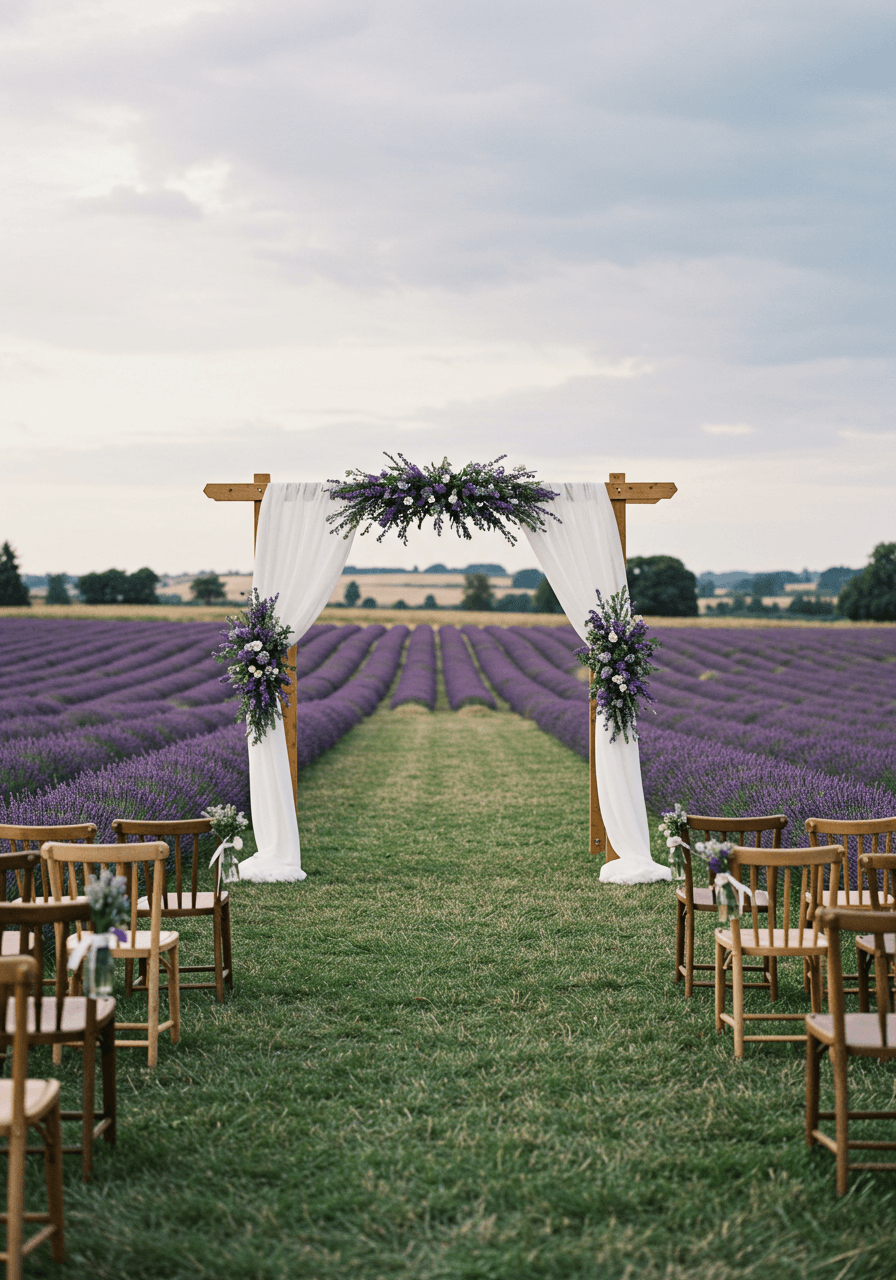 Wooden ceremony arch with lavender decorations in blooming lavender field