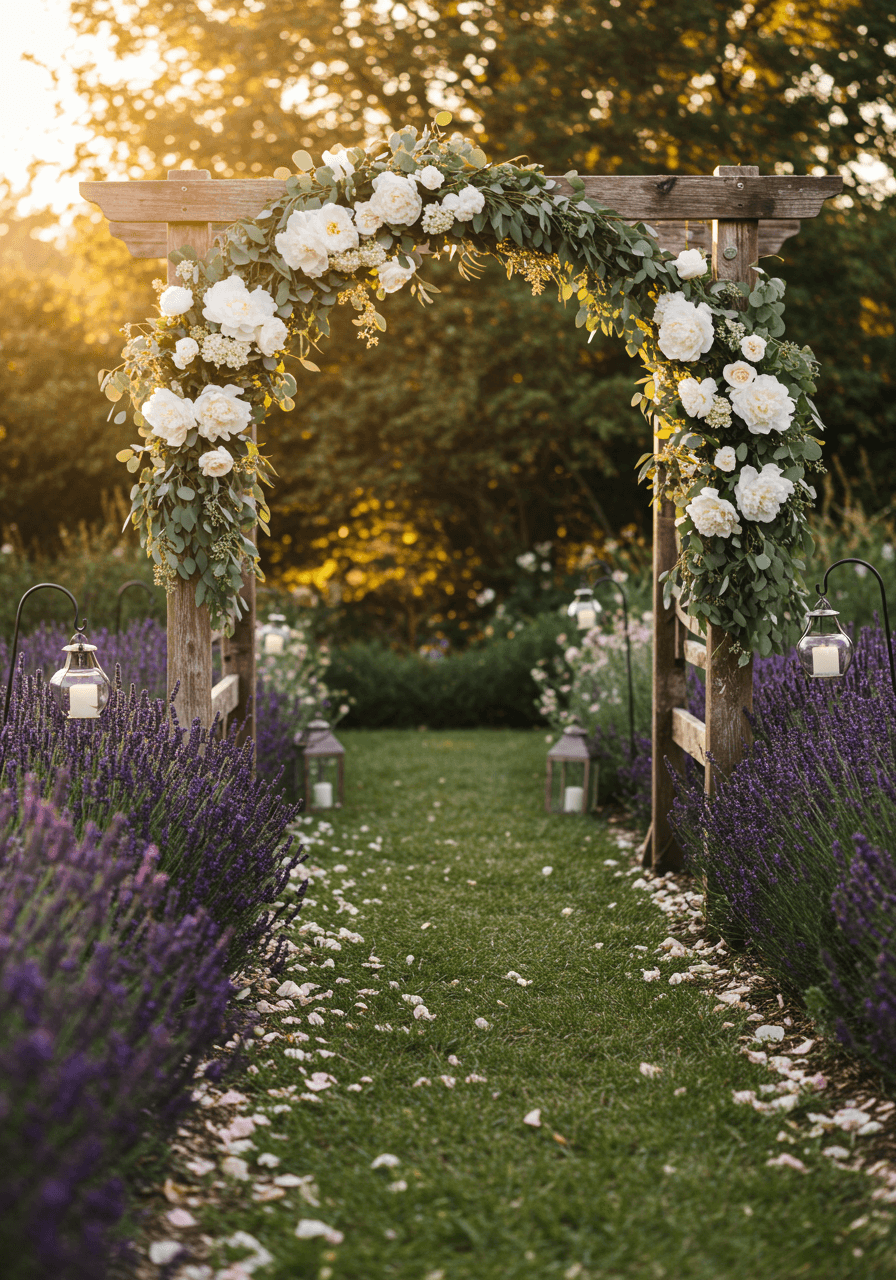 Woodland ceremony arch with eucalyptus and vintage lanterns in secret garden