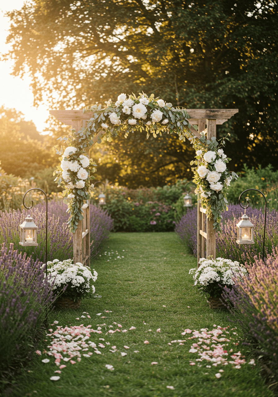 Rustic wooden wedding arch with white peonies in hidden English garden