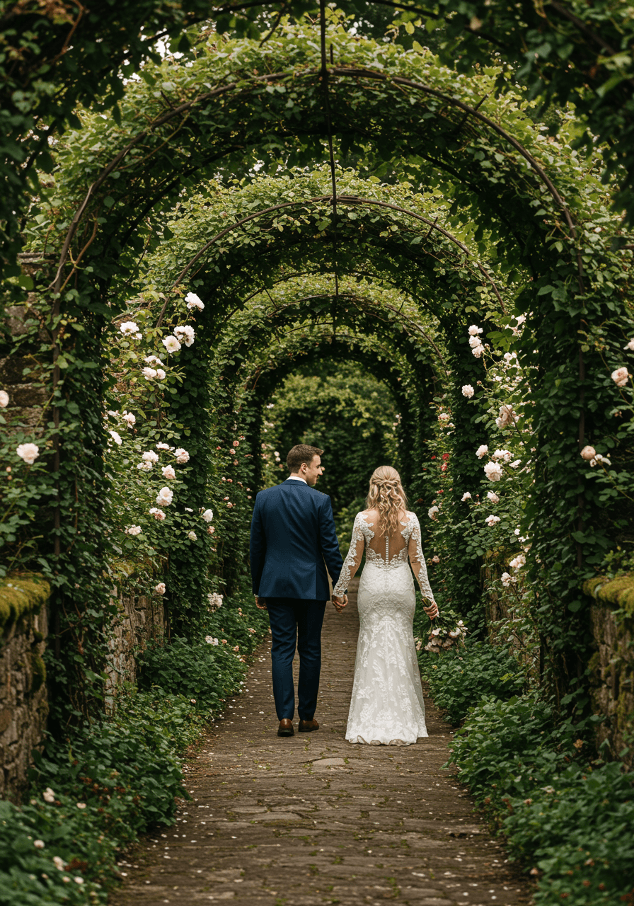 Bride and groom walking cobblestone pathway through ivy-covered garden archways