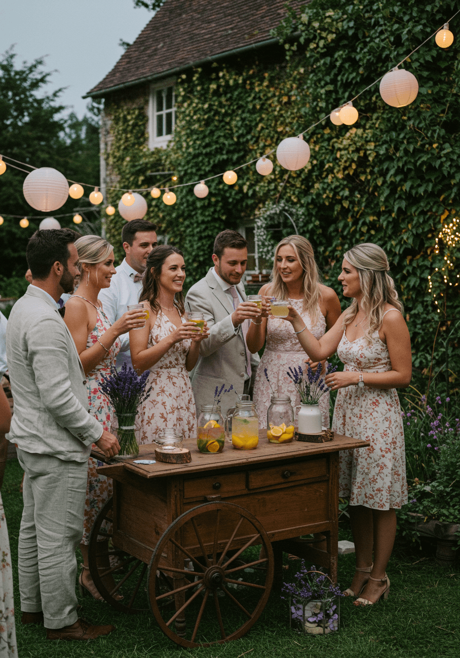 Twilight garden party scene with cocktail gathering and paper lanterns