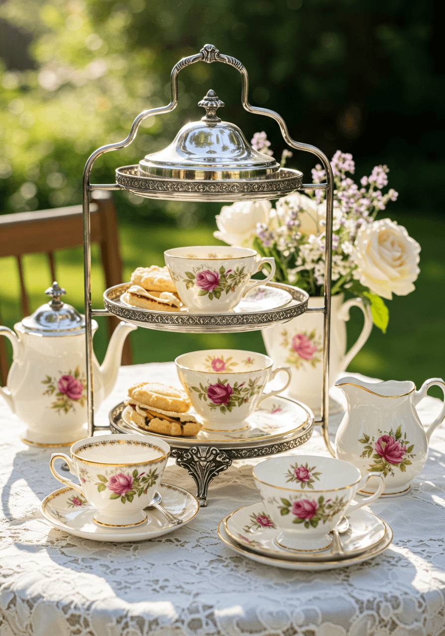 Ornate three-tiered silver tea service with floral china in sun-dappled garden setting