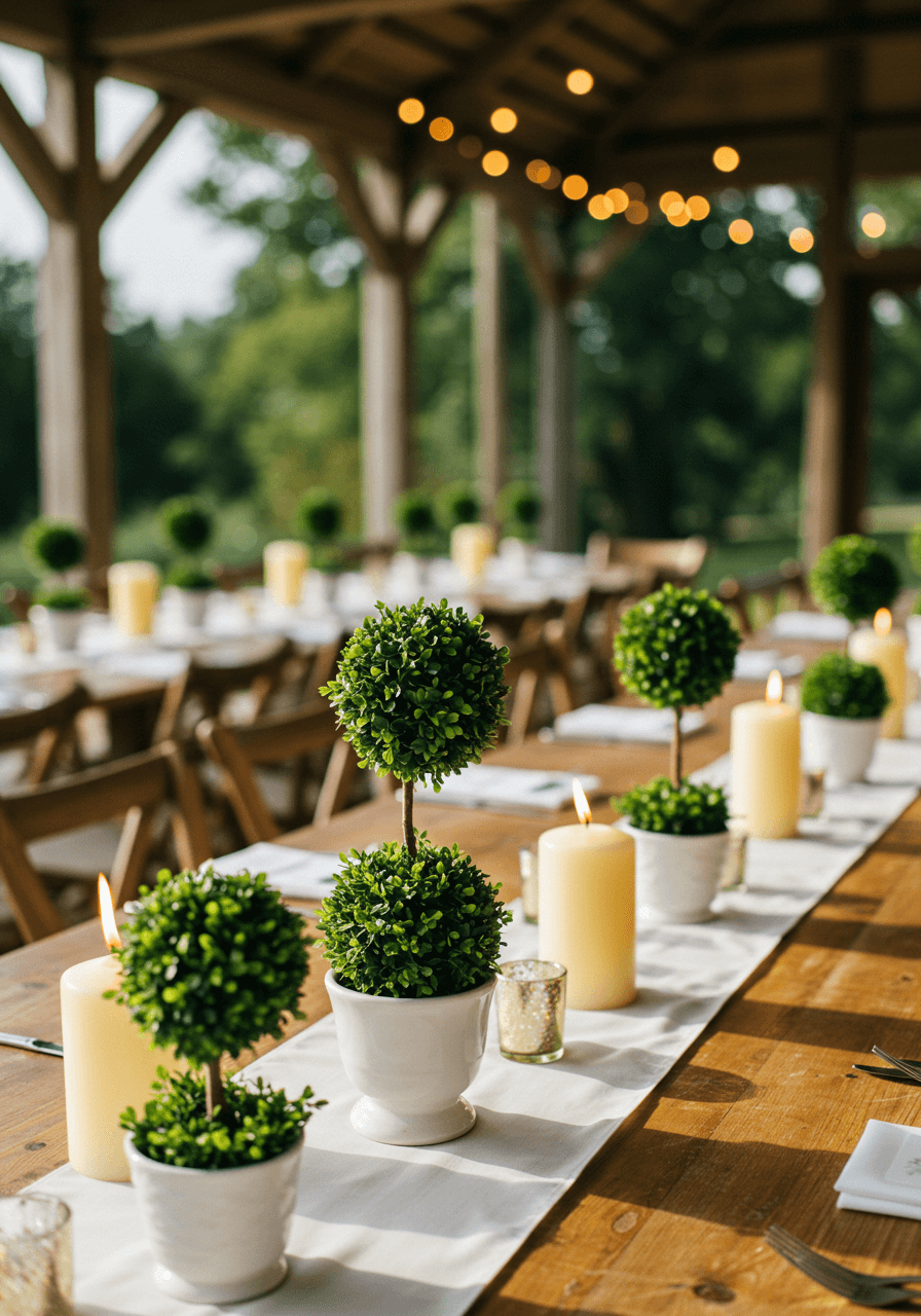 Wedding reception table with geometric topiary arrangements in garden pavilion