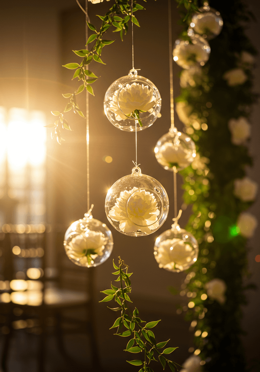 Close-up detail of floating glass orbs containing white peonies with golden backlighting