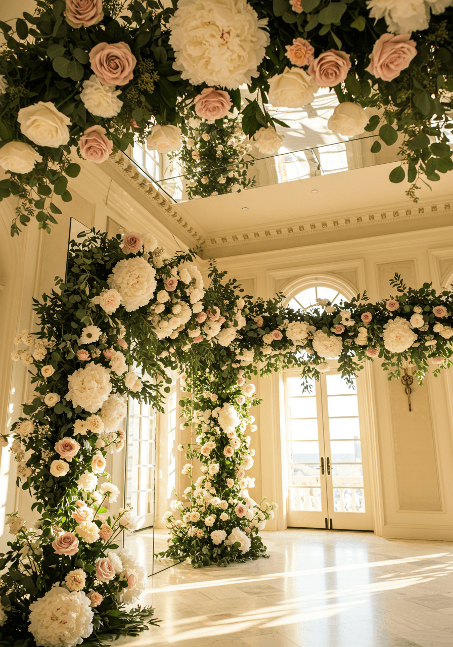 Elegant mirrored wedding backdrop framed with cascading white peonies and blush roses
