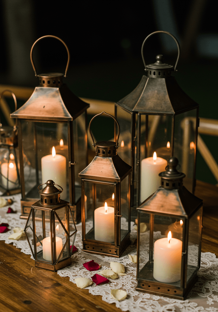 Ornate vintage copper and glass lanterns of varying heights clustered on rustic wooden farm table at outdoor wedding reception during evening