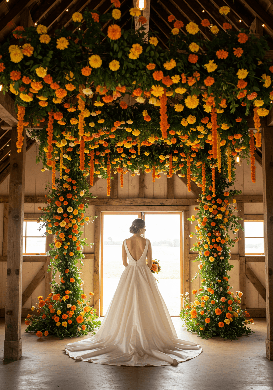Bride in elegant ivory A-line dress standing beneath dramatic overhead cascading marigold installation in rustic barn venue