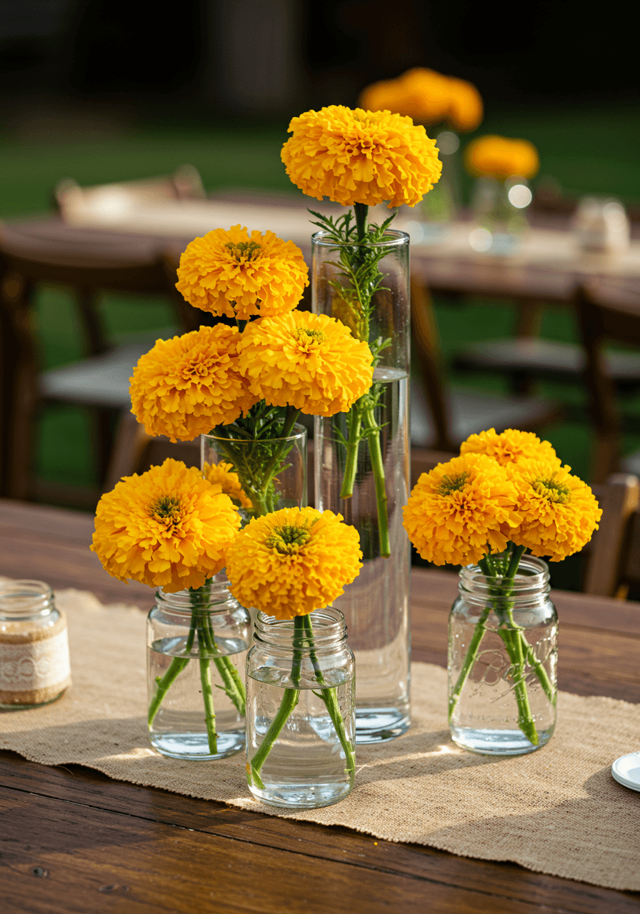 Three varying heights of cylindrical glass vases with bright marigold flowers on rustic wooden farm table centerpiece
