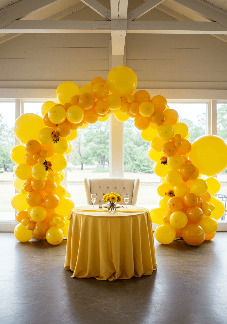 Wide shot of sunshine yellow balloon arch installation behind sweetheart table in bright indoor reception venue